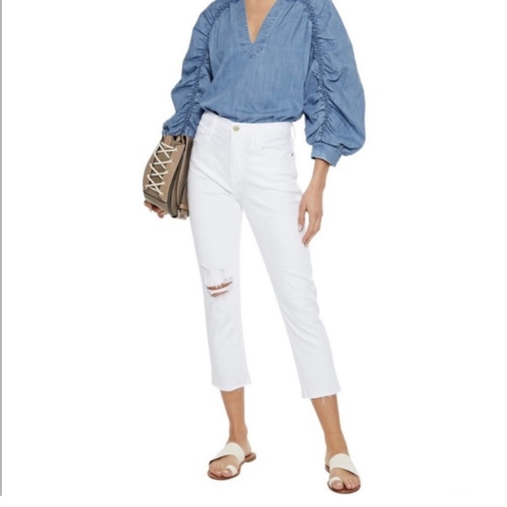 Frame Women's Size 26 White Le Beau Crop Denim Ripped Frayed Ankle Jeans
